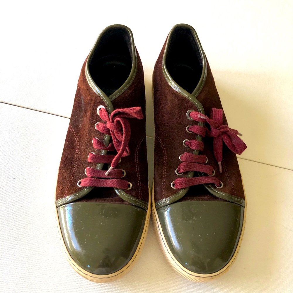 Lanvin Men's Suede and Patent Toe Casual Sneakers in Burgundy and Olive size 8